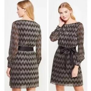 Banana Republic Chevron Boatneck Lurex Dress Black Gold Size 8 Holiday Party